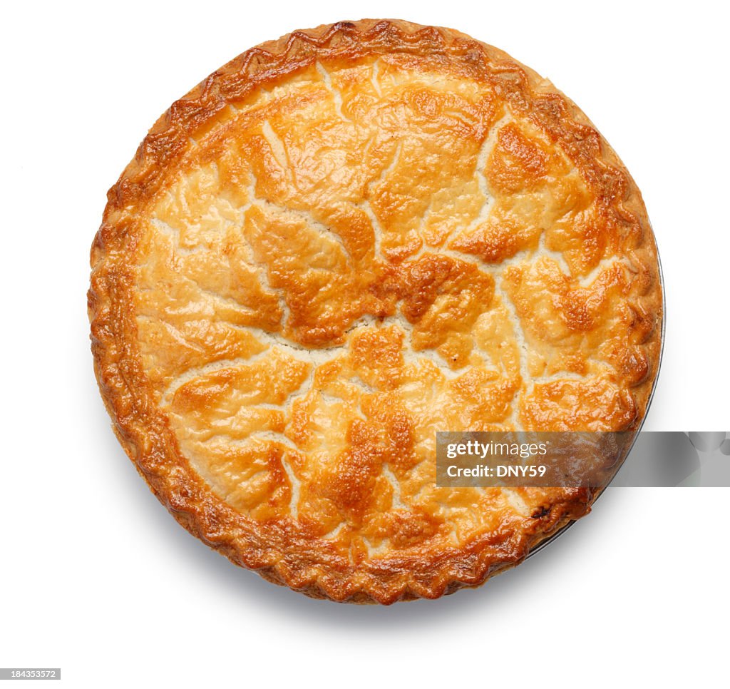 Top down view of apple pie isolated on white background