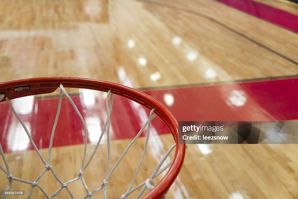 High angle shot of a basketball court from rim