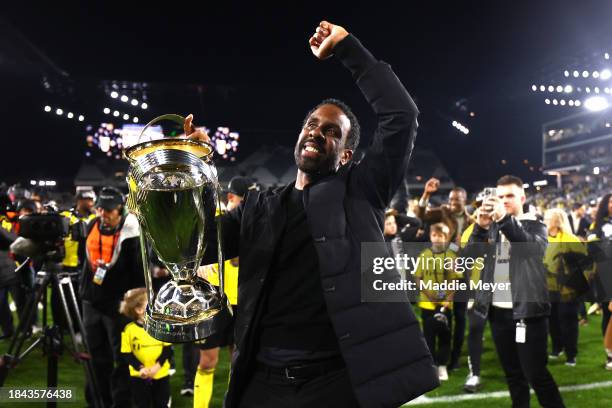 Head coach Wilfried Nancy of the Columbus Crew holds the Philip F. Anschutz Trophy after winning the 2023 MLS Cup against the Los Angeles FC at...