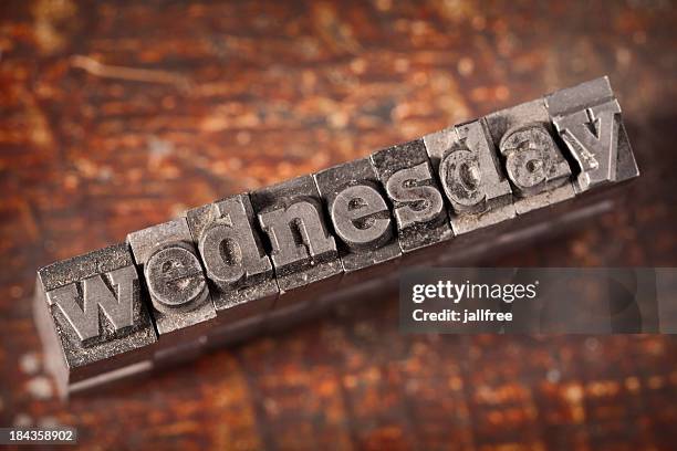 wednesday written in old metal letterpress - wednesday stock pictures, royalty-free photos & images