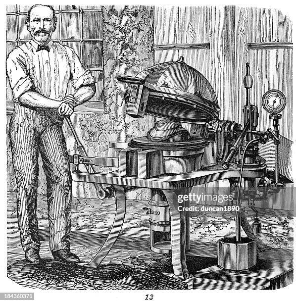 retro machinery - hat press - hat maker stock illustrations
