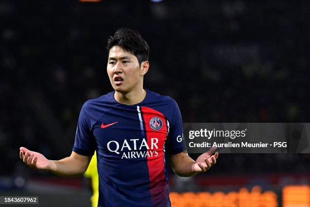 Kang In Lee of Paris Saint-Germain reacts during the Ligue 1 Uber Eats match between Paris Saint-Germain and FC Nantes at Parc des Princes on...