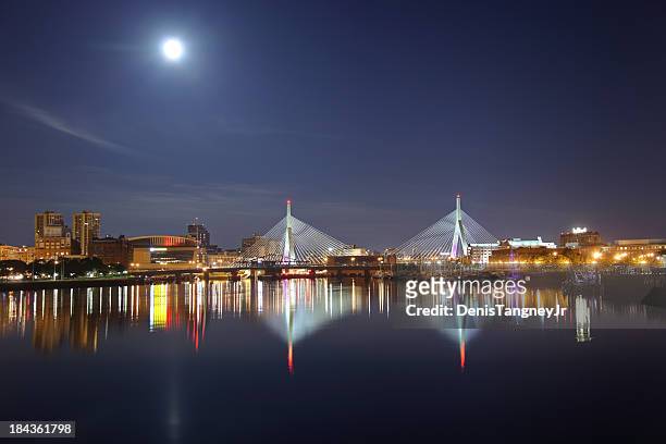 full moon over the zakim bridge in boston, massachusetts - boston harbour stock pictures, royalty-free photos & images