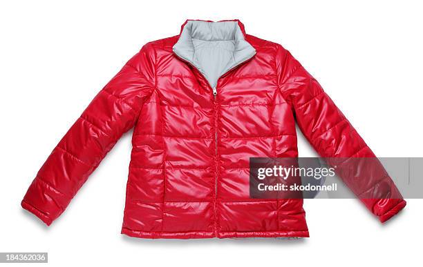 red winter jacket on white - red coat stock pictures, royalty-free photos & images