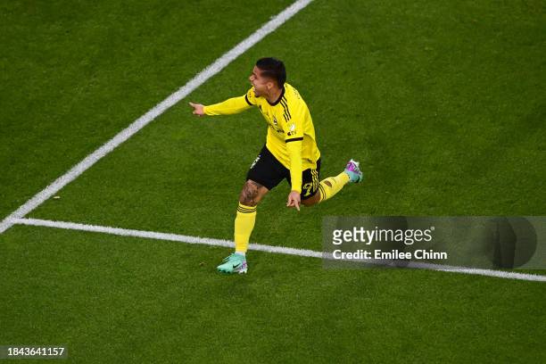 Cucho Hernández of Columbus Crew celebrates a goal during the first half against the Los Angeles FC during the 2023 MLS Cup at Lower.com Field on...