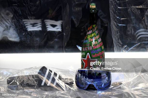 Ski mask is seen in the locker room as the Columbus Crew celebrate after winning the 2023 MLS Cup against the Los Angeles FC at Lower.com Field on...