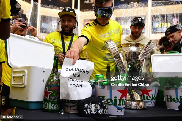 The Columbus Crew celebrate in the locker room after winning the 2023 MLS Cup against the Los Angeles FC at Lower.com Field on December 09, 2023 in...