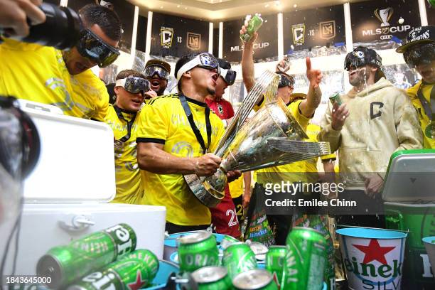 The Columbus Crew celebrate in the locker room after winning the 2023 MLS Cup against the Los Angeles FC at Lower.com Field on December 09, 2023 in...