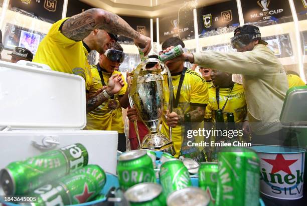 The Columbus Crew celebrate in the locker room after winning the 2023 MLS Cup against the Los Angeles FC at Lower.com Field on December 09, 2023 in...