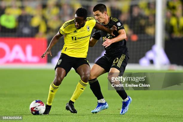 Kevin Molino of Columbus Crew controls the ball while defended by Sergi Palencia of Los Angeles FC during the second half during the 2023 MLS Cup at...
