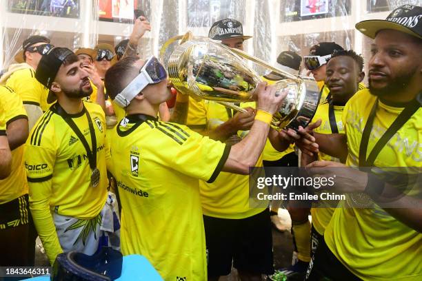 Alexandru Măţan of Columbus Crew celebrates in the locker room after winning the 2023 MLS Cup against the Los Angeles FC at Lower.com Field on...