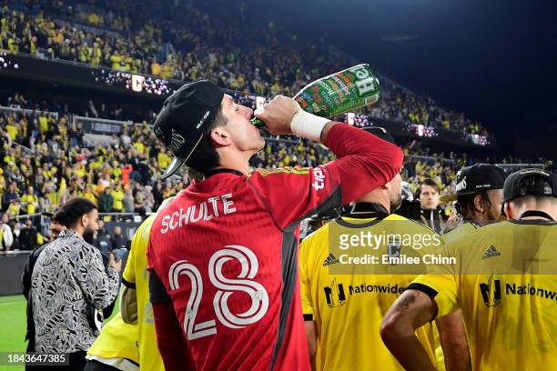 Patrick Schulte of Columbus Crew celebrates after winning the 2023 MLS Cup against the Los Angeles FC at Lower.com Field on December 09, 2023 in...