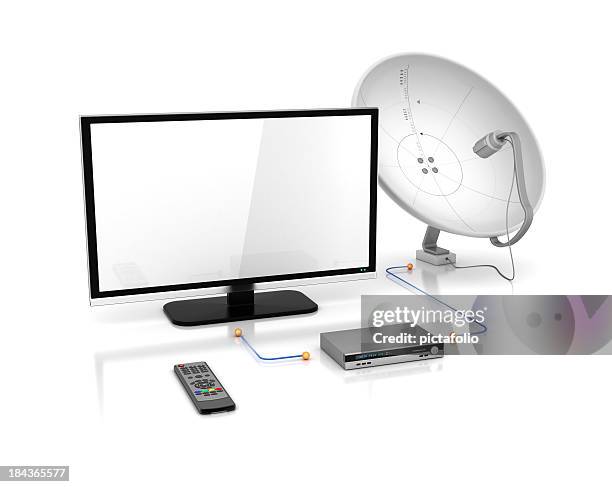 tv and satellite dish with receiver - smart tv stock pictures, royalty-free photos & images