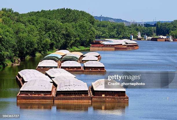 grain barges on the river - barge stock pictures, royalty-free photos & images