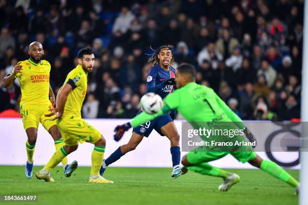 Bradley Barcola of PSG scores the team's first goal during the Ligue 1 Uber Eats match between Paris Saint-Germain and FC Nantes at Parc des Princes...