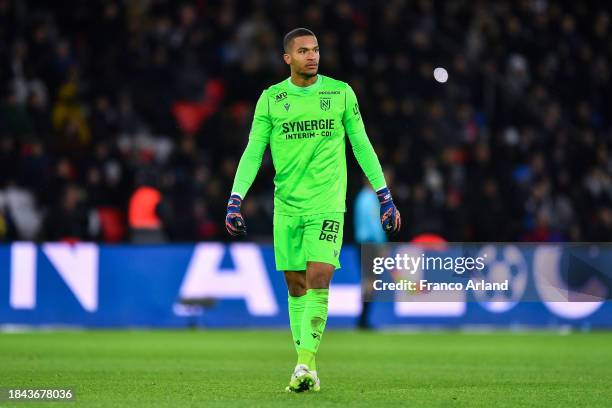 Alban Lafont of FC Nantes looks on during the Ligue 1 Uber Eats match between Paris Saint-Germain and FC Nantes at Parc des Princes on December 09,...