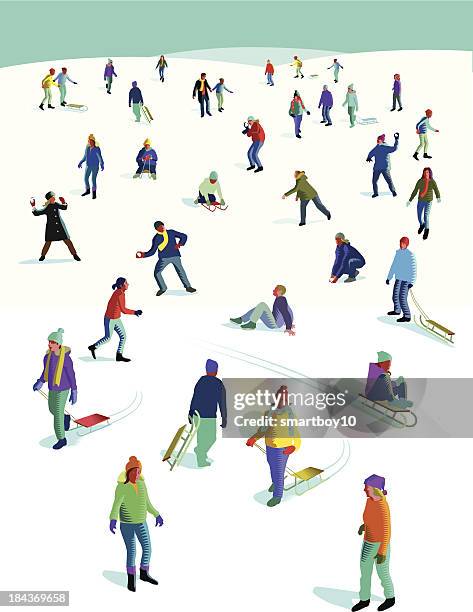 ilustraciones, imágenes clip art, dibujos animados e iconos de stock de diversión en la nieve de invierno - tobogganing