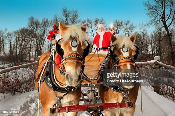 santa  on an evening ride with his team of horses - sleigh stock pictures, royalty-free photos & images
