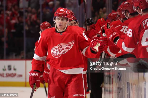 Patrick Kane of the Detroit Red Wings celebrates his first period goal against the Ottawa Senators at Little Caesars Arena on December 09, 2023 in...