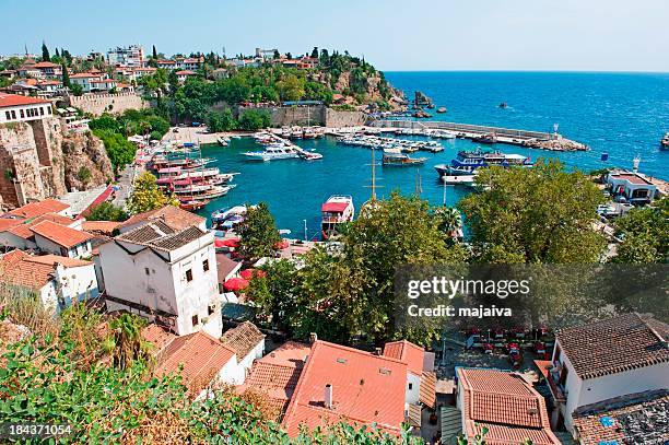 aerial view of coastal line and port of antalya, turkey - antalya city stockfoto's en -beelden