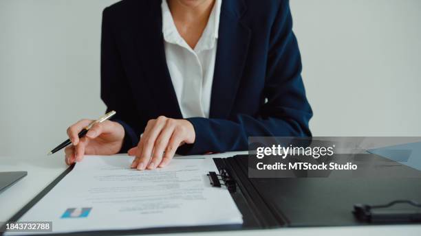 closeup of asian woman pass job interview sit in front of hr manager at office. human resource, recruitment agency concept. - cv bildbanksfoton och bilder