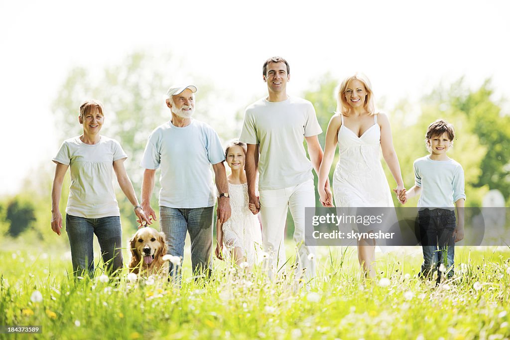 Extended family with grandparents are taking a walk in park.