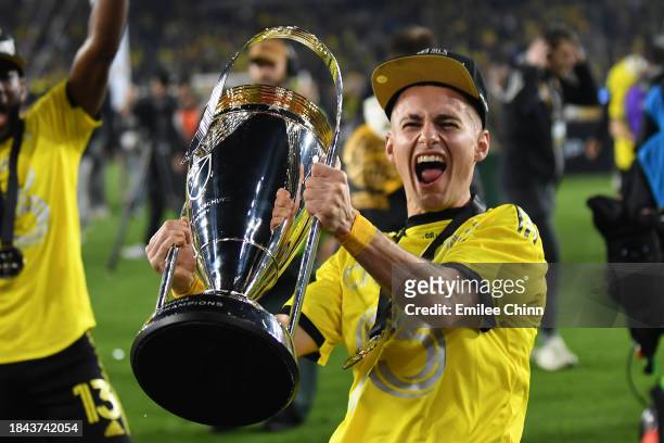 Alexandru Măţan of Columbus Crew holds up the Philip F. Anschutz Trophy after winning the 2023 MLS Cup against the Los Angeles FC at Lower.com Field...