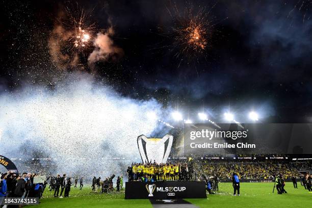 The Columbus Crew celebrate after winning the 2023 MLS Cup against the Los Angeles FC at Lower.com Field on December 09, 2023 in Columbus, Ohio.