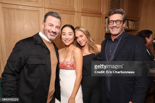 Jimmy Kimmel, Greta Lee, Jennifer Aniston and Jon Hamm attends “The Morning Show” Tastemaker Cocktail Reception at San Vicente Bungalows on December...