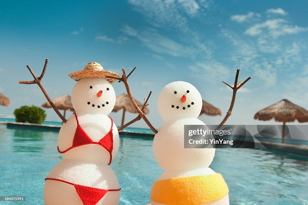 Christmas Snowman Enjoying Winter Beach Vacation Fun by Swimming Pool