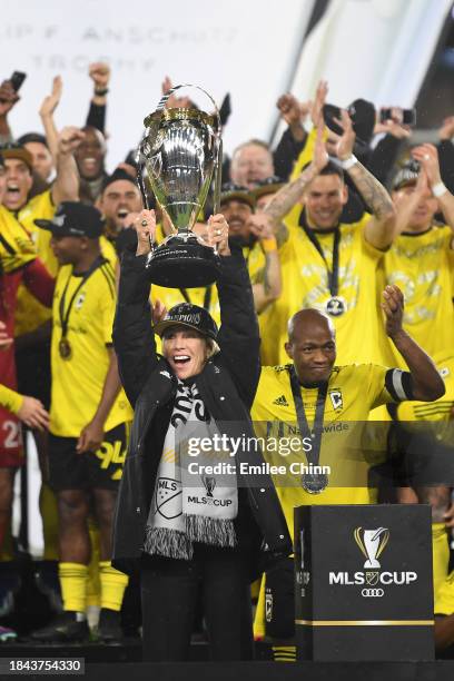 Columbus Crew owner Dee Haslam holds up the Philip F. Anschutz Trophy after winning the 2023 MLS Cup against the Los Angeles FC at Lower.com Field on...