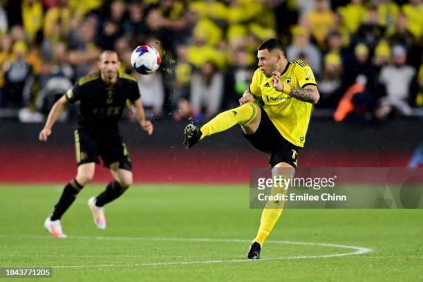 Christian Ramirez of Columbus Crew controls the ball during the second half \gafc during the 2023 MLS Cup at Lower.com Field on December 09, 2023 in...