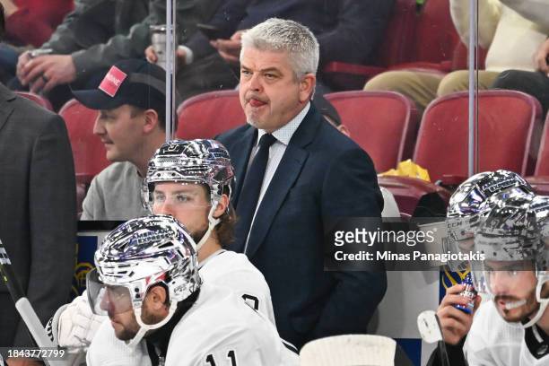 Head coach Todd McLellan of the Los Angeles Kings, handles bench duties during the second period against the Montreal Canadiens at the Bell Centre on...