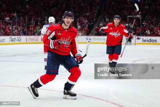 Nicolas Aube-Kubel of the Washington Capitals celebrates after scoring a goal against the New York Rangers during the second period of the game at...