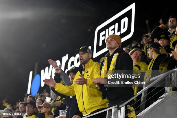 Columbus Crew fans react during the second half against the Los Angeles FC during the 2023 MLS Cup at Lower.com Field on December 09, 2023 in...