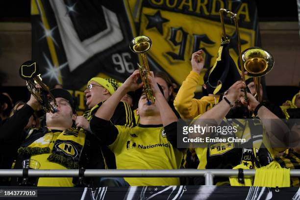 Columbus Crew fans react during the second half against the Los Angeles FC during the 2023 MLS Cup at Lower.com Field on December 09, 2023 in...