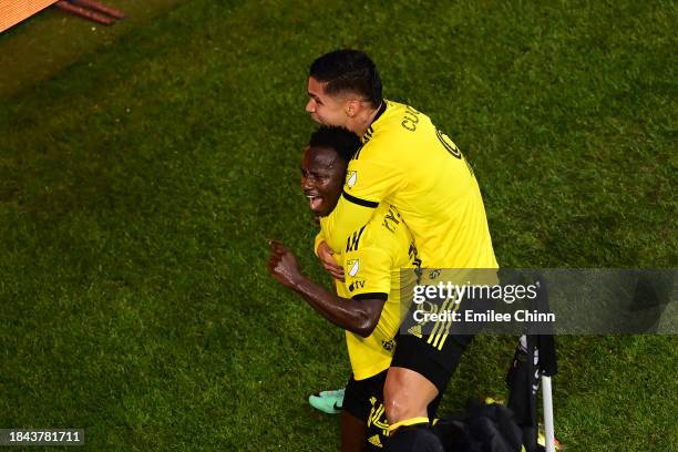 Yaw Yeboah of Columbus Crew celebrates a goal with Cucho Hernández during the first half against the Los Angeles FC during the 2023 MLS Cup at...