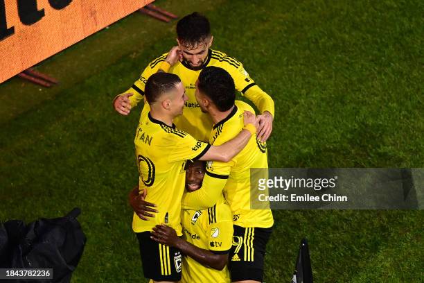 Yaw Yeboah of Columbus Crew celebrates a goal with teammates during the first half against the Los Angeles FC during the 2023 MLS Cup at Lower.com...