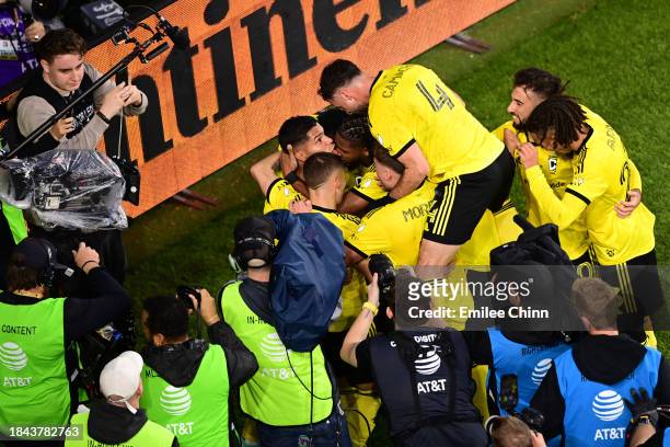 Yaw Yeboah of Columbus Crew celebrates a goal with teammates during the first half against the Los Angeles FC during the 2023 MLS Cup at Lower.com...