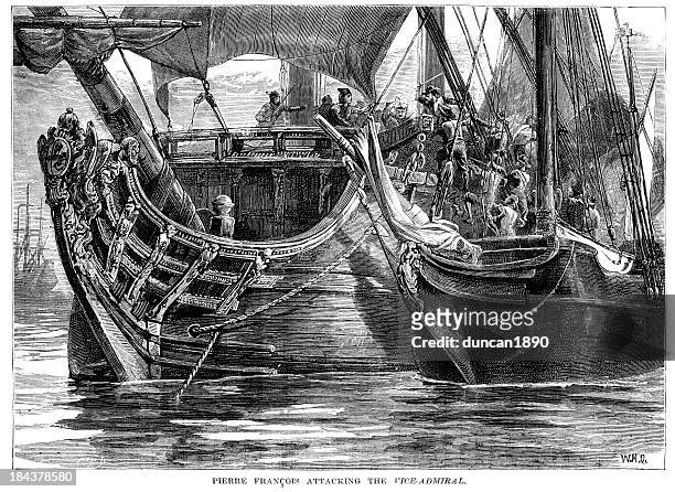 stockillustraties, clipart, cartoons en iconen met pierre francois attacking the vice admiral - galleischip