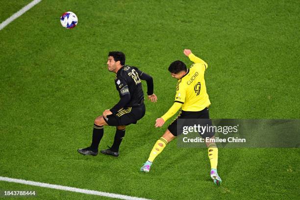 Carlos Vela of Los Angeles FC and Cucho Hernández of Columbus Crew battle for the ball during the first half during the 2023 MLS Cup at Lower.com...