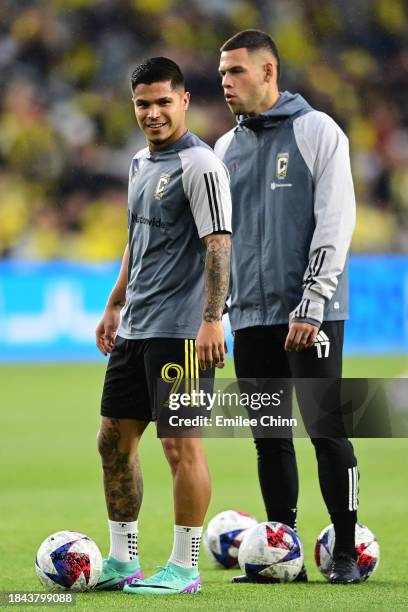 Cucho Hernández and Christian Ramirez of Columbus Crew warm up prior to the 2023 MLS Cup against the Los Angeles FC at Lower.com Field on December...