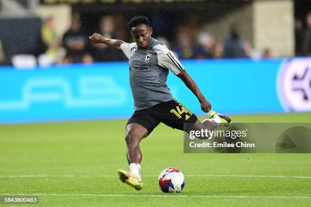 Yaw Yeboah of Columbus Crew warms up prior to the 2023 MLS Cup against the Los Angeles FC at Lower.com Field on December 09, 2023 in Columbus, Ohio.