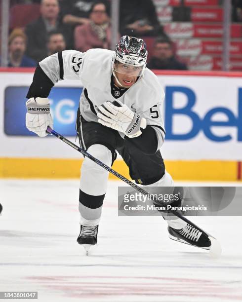 Quinton Byfield of the Los Angeles Kings skates during the third period against the Montreal Canadiens at the Bell Centre on December 7, 2023 in...