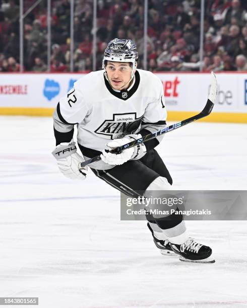 Trevor Moore of the Los Angeles Kings skates during the third period against the Montreal Canadiens at the Bell Centre on December 7, 2023 in...