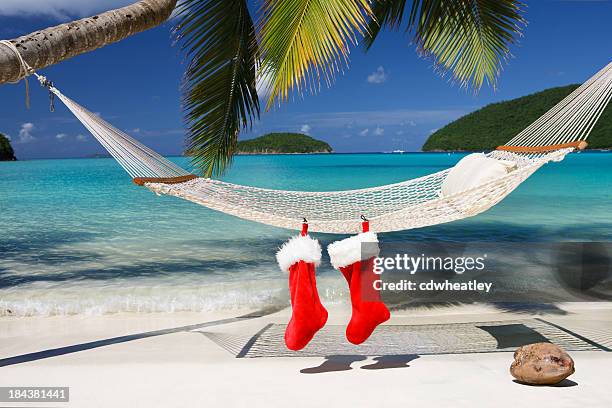 christmas stocking on a hammock at the tropical caribbean beach - christmas palm tree stock pictures, royalty-free photos & images