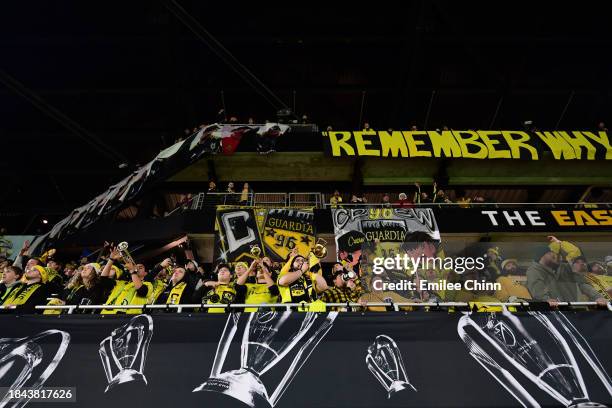 Columbus Crew fans react during the second half against the Los Angeles FC during the 2023 MLS Cup at Lower.com Field on December 09, 2023 in...