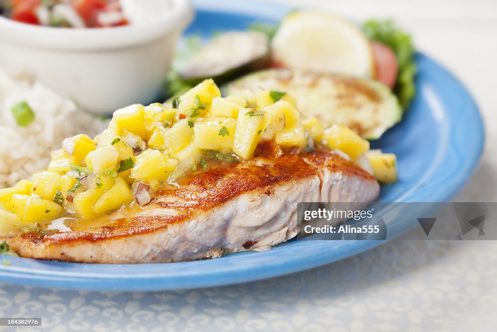 Mexican food: Flame broiled salmon with mango salsa