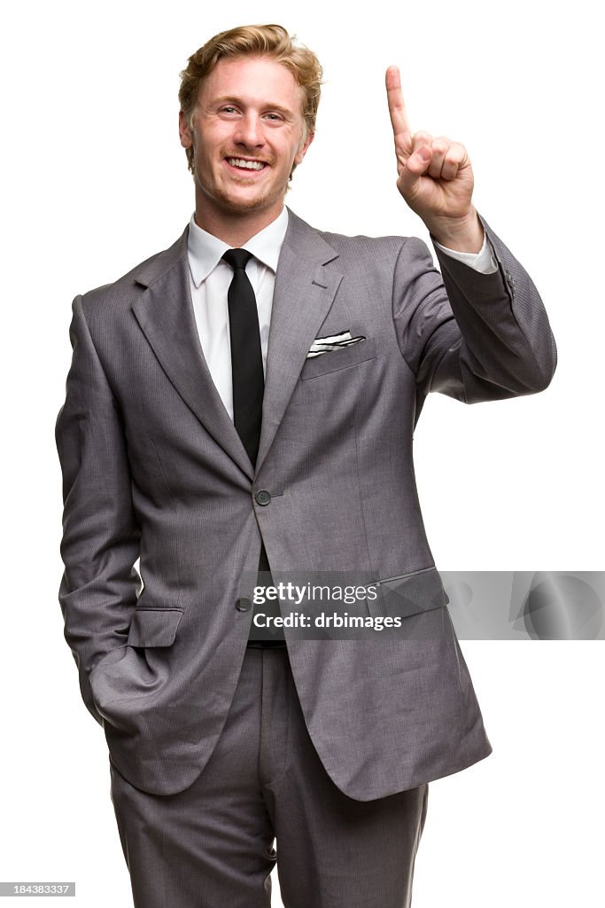 Happy Man In Suit One Finger Number 1 Hand Gesture