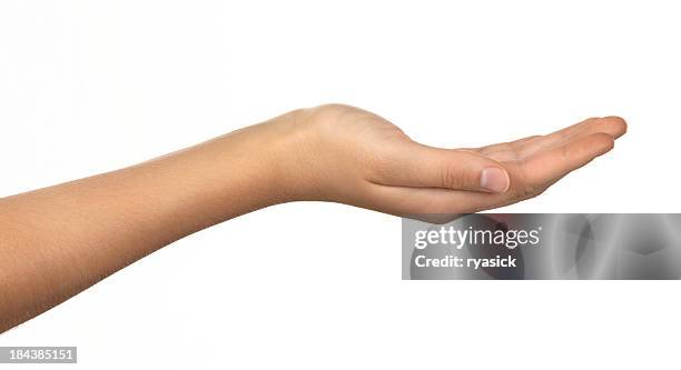 profile of cupped female hand isolated on white - holle handen stockfoto's en -beelden